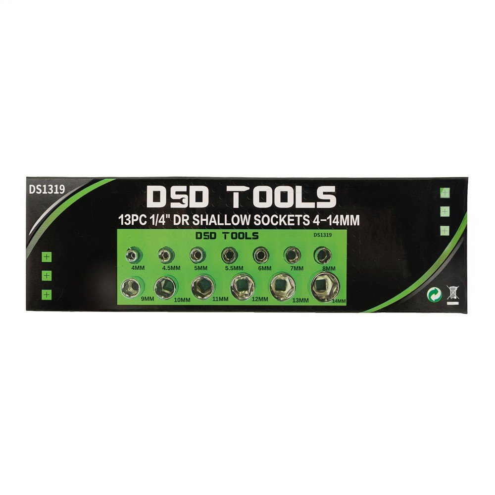 DSD TOOLS 13PC 1/4" DR SHALLOW SOCKETS 4-14MM DS1319 image 1