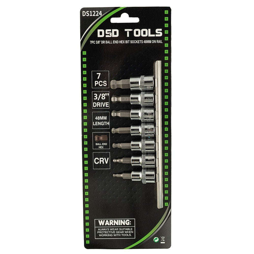DSD TOOLS 7PC 3/8" DR BALL END HEX BIT SOCKETS 48MM ON RAIL DS1224 image 0