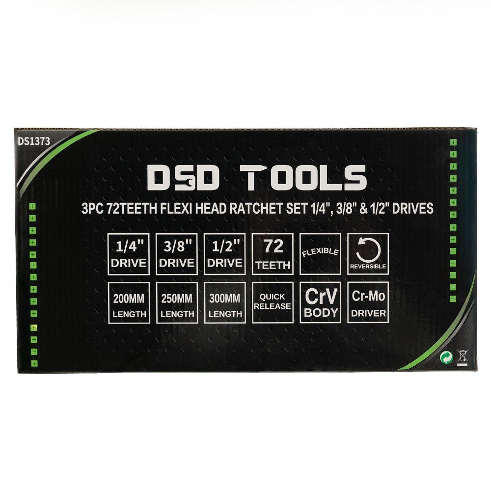 DSD TOOLS 3PC FLEXI HEAD RATCHET SET 1/4", 3/8" &amp; 1/2" DRIVES DS1373 image 2