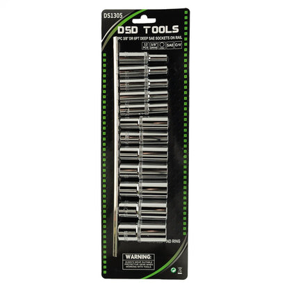 DSD TOOLS 12PC 3/8" DR 6PT DEEP SAE SOCKETS ON RAIL  DS1305 image 1